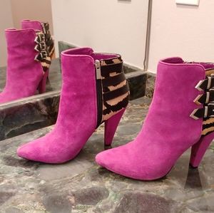 Real Fur and Suede Fuchsia and Animal Booties